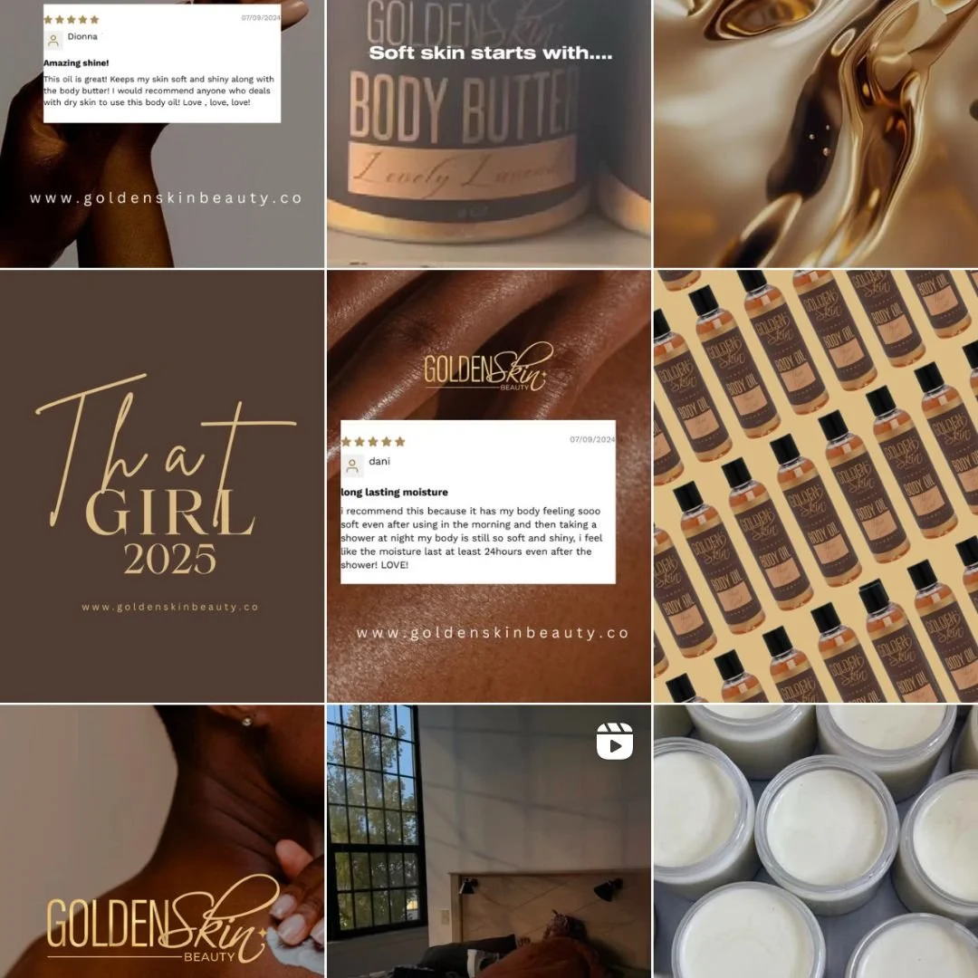 A collage of images showcasing skincare products from Golden Skin Beauty, including body butter, body oil, and creams. The collage features product shots, reviews, branding, and a behind-the-scenes look at a skincare routine.