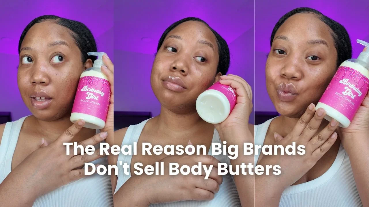 A woman holding a pink and white bottle of body cream with the label 'Birthday Girl.' She is shown in three different poses, pointing to the bottle, holding it to her ear, and making a kissy face. The text overlay reads, 'The Real Reason Big Brands D
