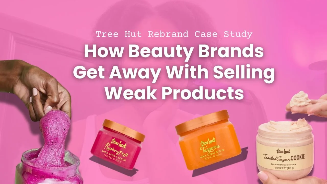Pink background with the text "Tree Hut Rebrand Case Study: How Beauty Brands Get Away With Selling Weak Products". On the left, a hand is dipping a pink scrubby sponge into a jar of pink body scrub. In the center, there are two jars of Tree Hut suga