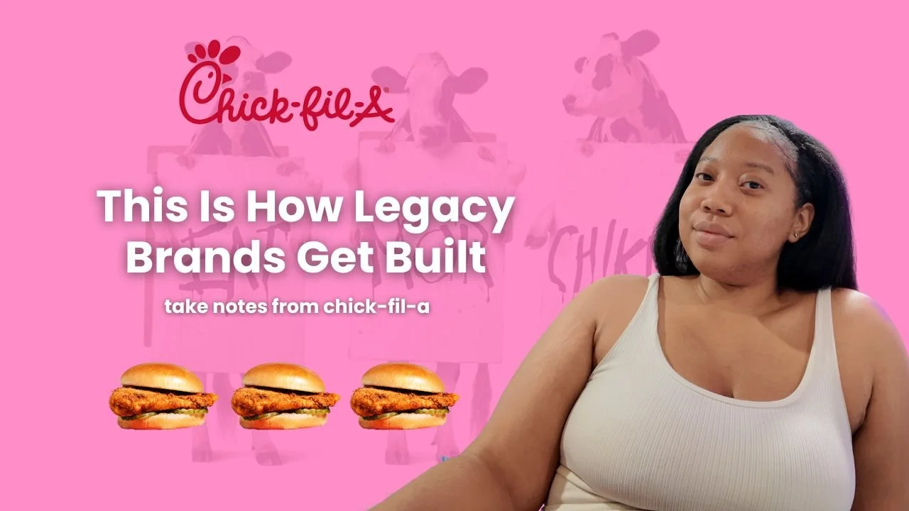 A woman in a beige tank top smiling, with a pink Chick-fil-A background featuring cows, the Chick-fil-A logo, and the text 'This Is How Legacy Brands Get Built, take notes from chick-fil-a' along with three chicken sandwiches.