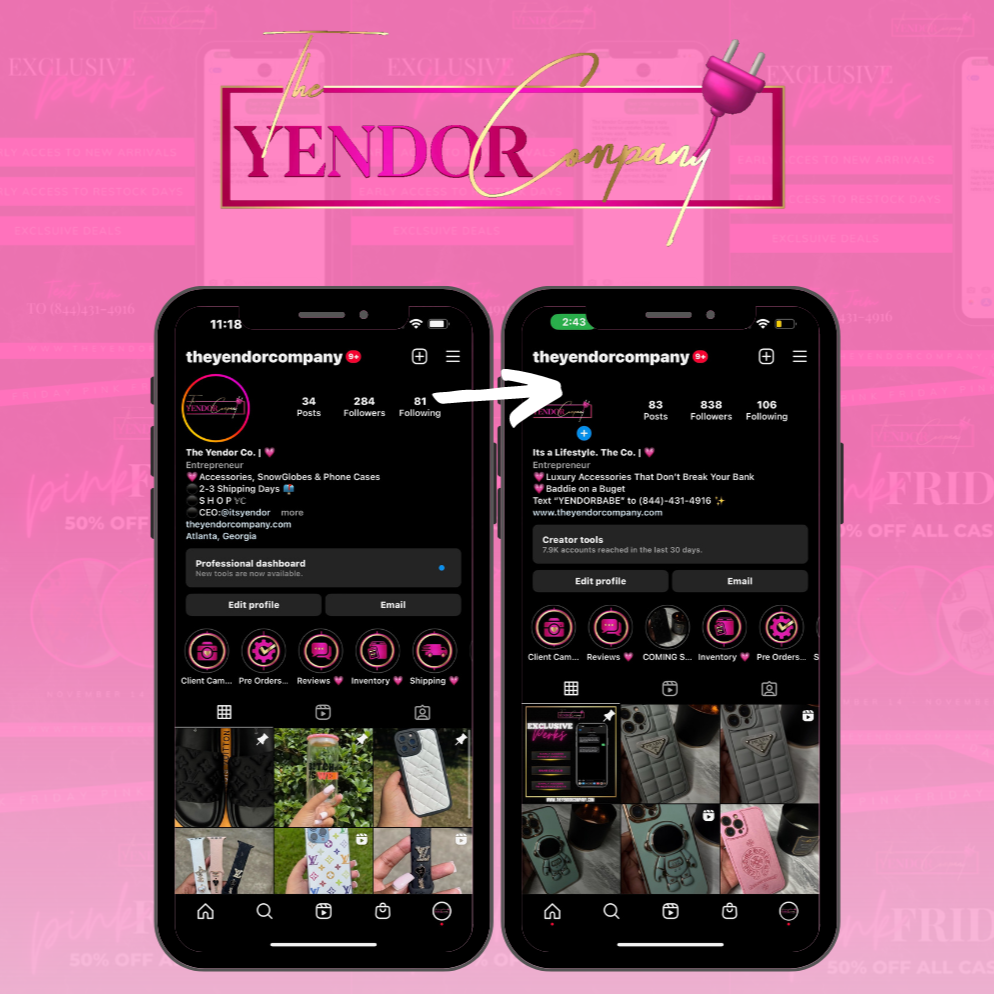 Graphic displaying two phone screenshots of Instagram profiles for 'theyendorcompany'. The left profile has 34 posts, 284 followers, and 81 following, with a pink and black theme. The right profile has 83 posts, 838 followers, and 106 following, with similar branding. A pink background contains the text 'The YENDOR Company' with a power plug icon. The phones show various product photos, mostly accessories like phone cases and jewelry.