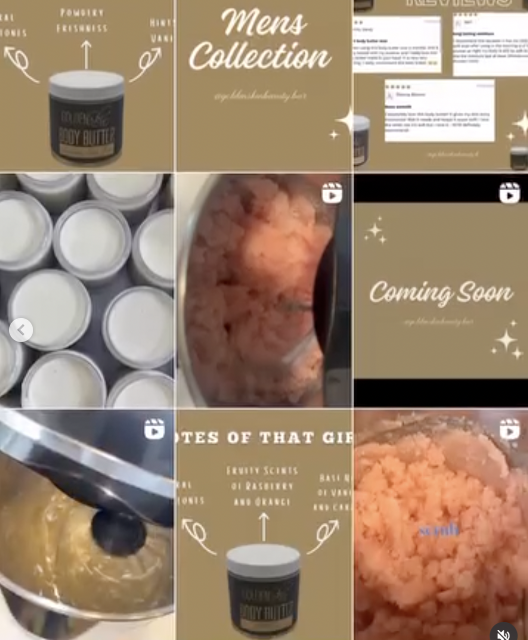 Collage of various images including containers of body butter, a tub of pink scrubs, a mixing bowl with ingredients, and promotional text for a men's collection, with sections labeled 'Coming Soon' and 'Notes of That Girl'.