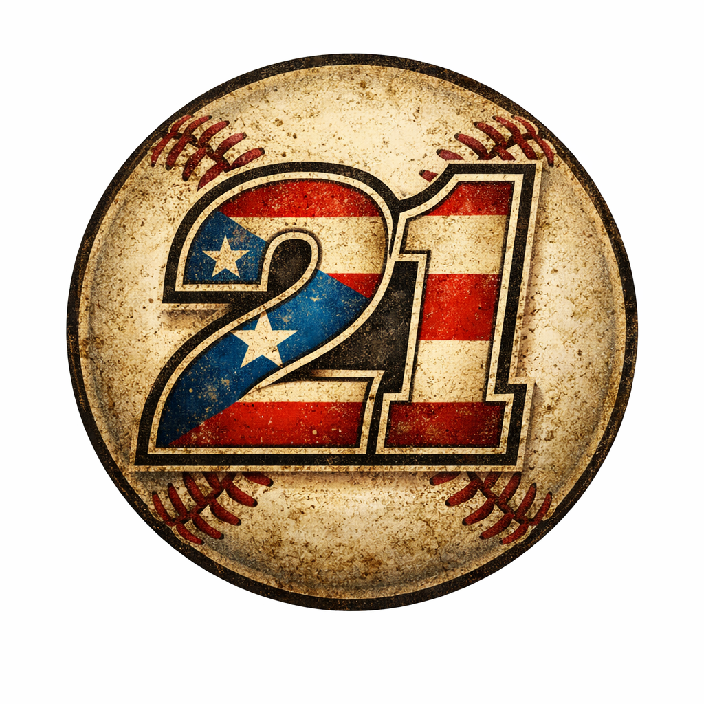 A baseball with a vintage distressed design, featuring the number 21 with an American flag pattern inside the number.