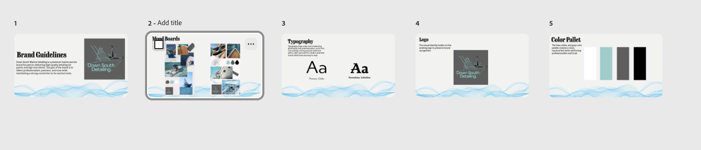 Slide presentation about brand guidelines for Down South Detailing, including mood boards, typography, logo, and color palette.