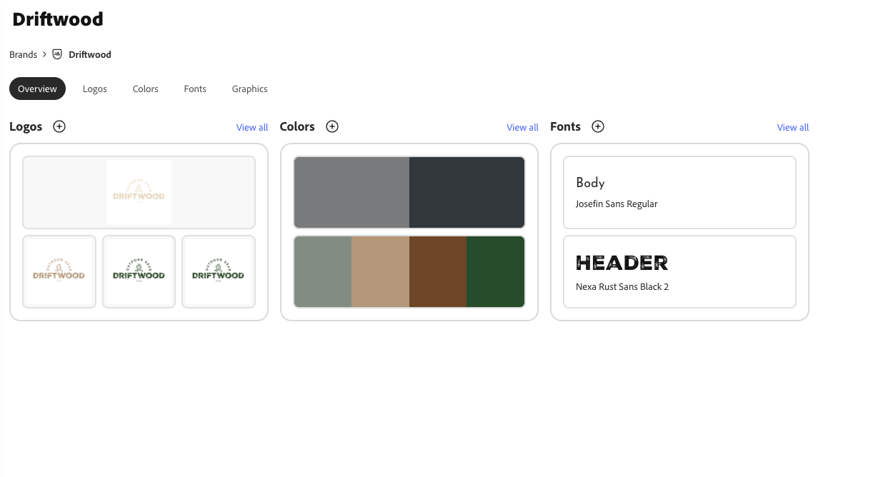 Screenshot of the Driftwood logo branding page displaying logo options, color palette, and fonts.