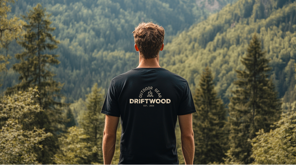 Man with curly hair looking at a forested mountain landscape, wearing a black T-shirt with 'Outdoor Gear Driftwood' logo.