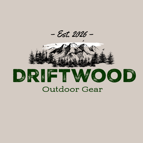 Logo for Driftwood Outdoor Gear featuring mountain and pine tree illustration with text 'Est. 2026' and 'DRIFTWOOD Outdoor Gear'.