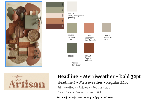 A color palette and design elements for a project, including fabric samples in shades of green, beige, peach, and brown, along with a logo saying 'The Artisan' in a rustic font, and a board with various textured materials and decorative objects.