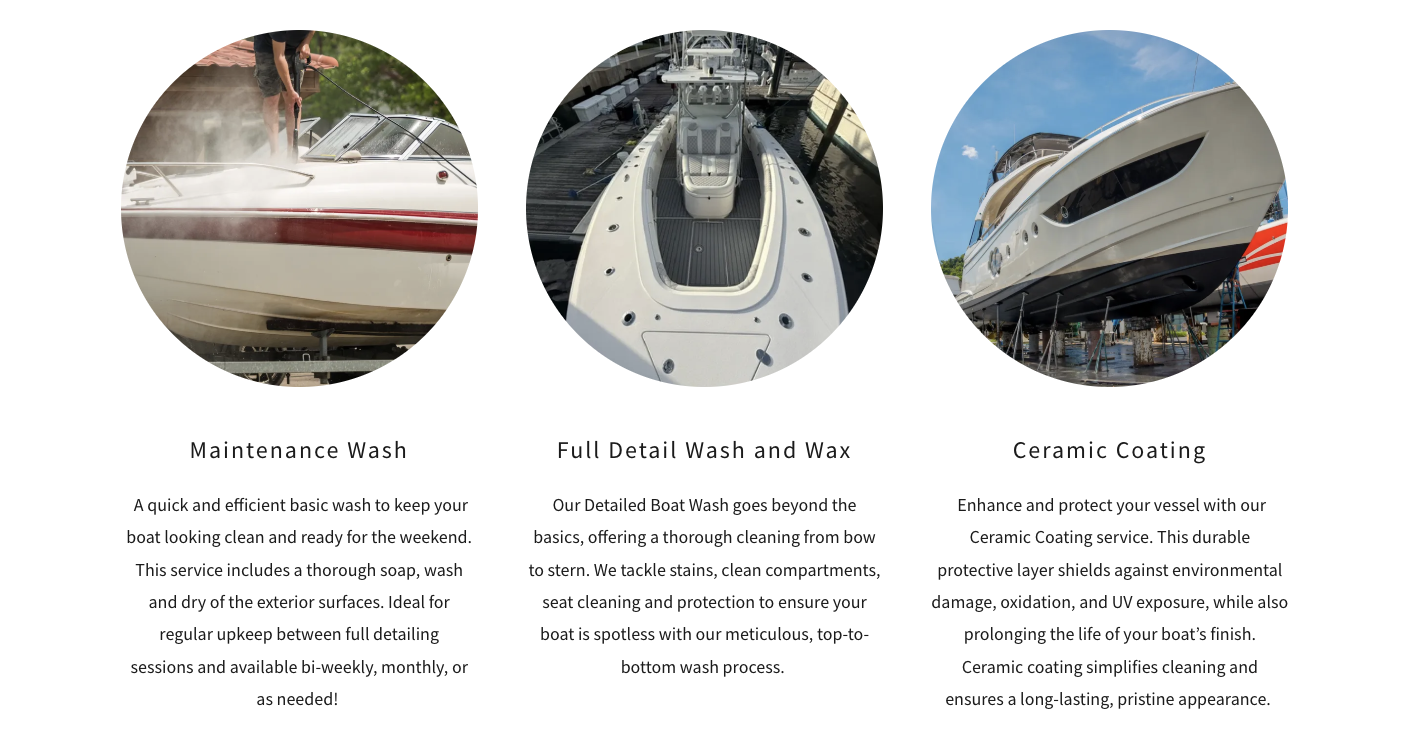 Three circular images of boats with descriptions below each. The first boat is being washed with a pressure washer, labeled 'Maintenance Wash.' The second boat features a detailed top-down view, labeled 'Full Detail Wash and Wax.' The third boat is on a lift, with a protective ceramic coating, labeled 'Ceramic Coating.'