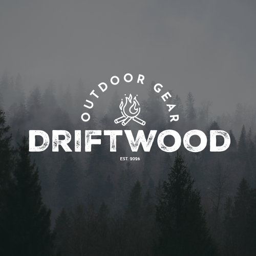 Logo for Driftwood Outdoor Gear featuring a campfire and wood logs with a misty forest background.