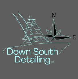 Logo for Down South Detailing LLC featuring a stylized boat with a compass rose indicating north and east.
