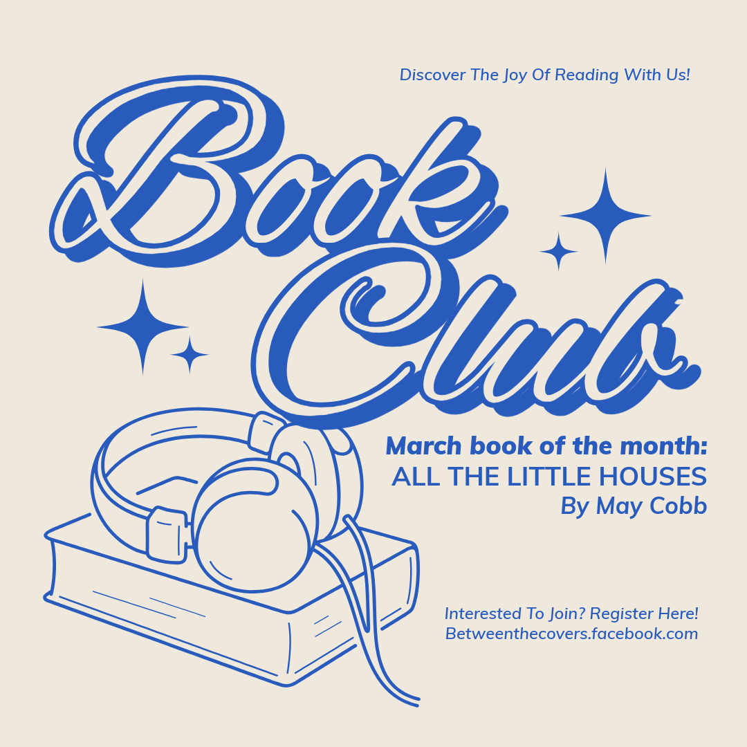 A promotional poster for a book club called 'Book Club.' The poster features large, stylized blue text and an illustration of headphones resting on a book, with stars around the text. It invites people to discover the joy of reading, announces the Ma