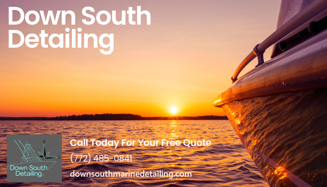 The image shows a boat on the water at sunset with a sky painted in warm orange and pink hues. Text overlays advertise Down South Detailing, a marine detailing service, with contact information and a logo featuring a boat and a compass.