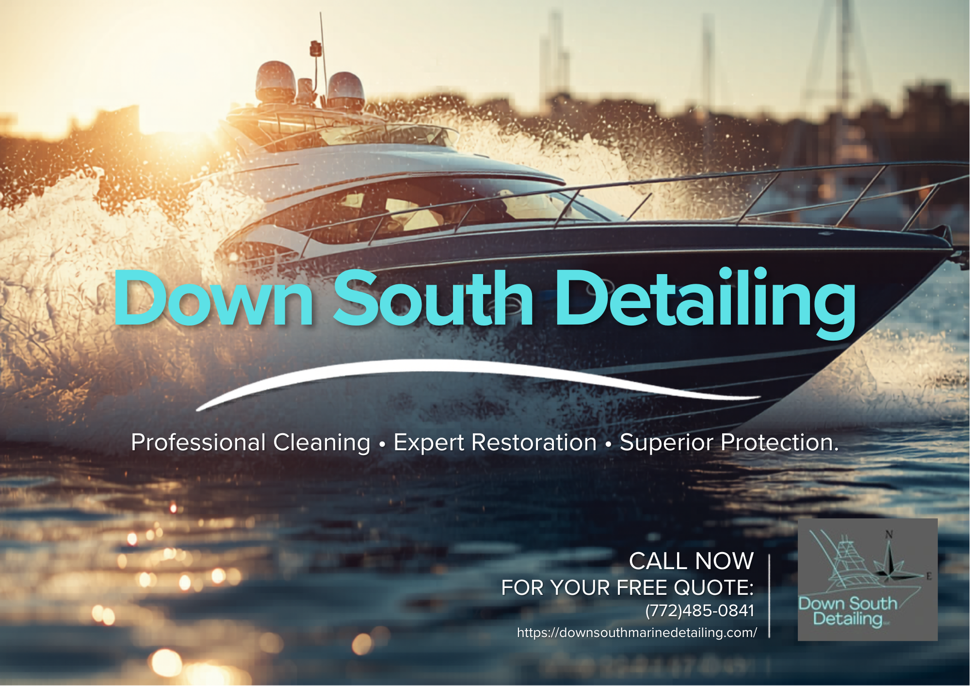 A luxury yacht sailing on water with a sunset in the background. Text overlay promotes Down South Detailing, a marine cleaning service.