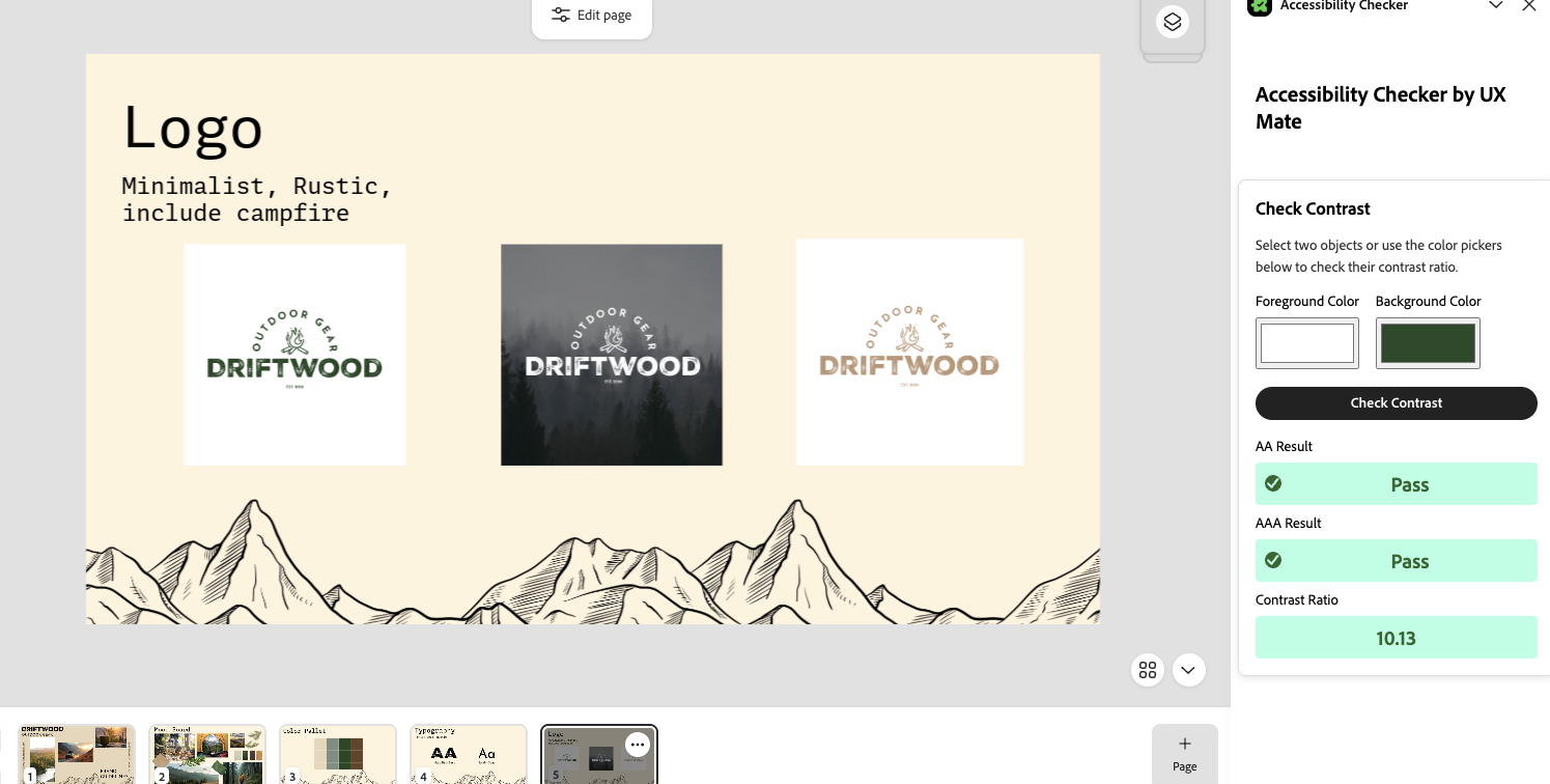 A digital design presentation with a beige background, showcasing a logo along with three different logo variations labeled 'Driftwood'. The first logo has green text with a campfire icon, the second features white text over a mountain scene, and the third has brown text. A black and white mountain illustration is at the bottom.