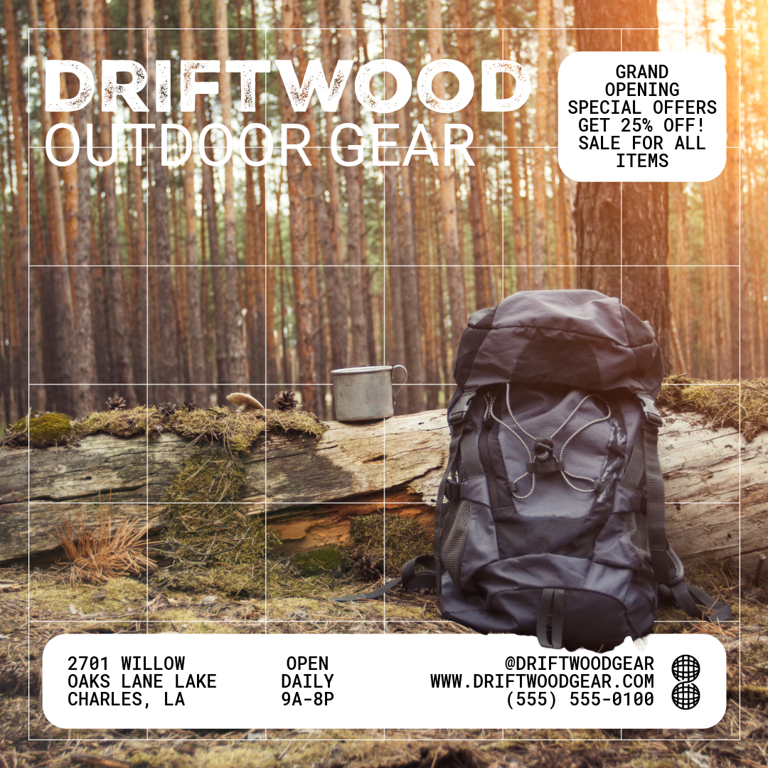 A backpack placed on the ground in a forest with tall trees, moss, and fallen logs, advertising outdoor gear with a sale offer.