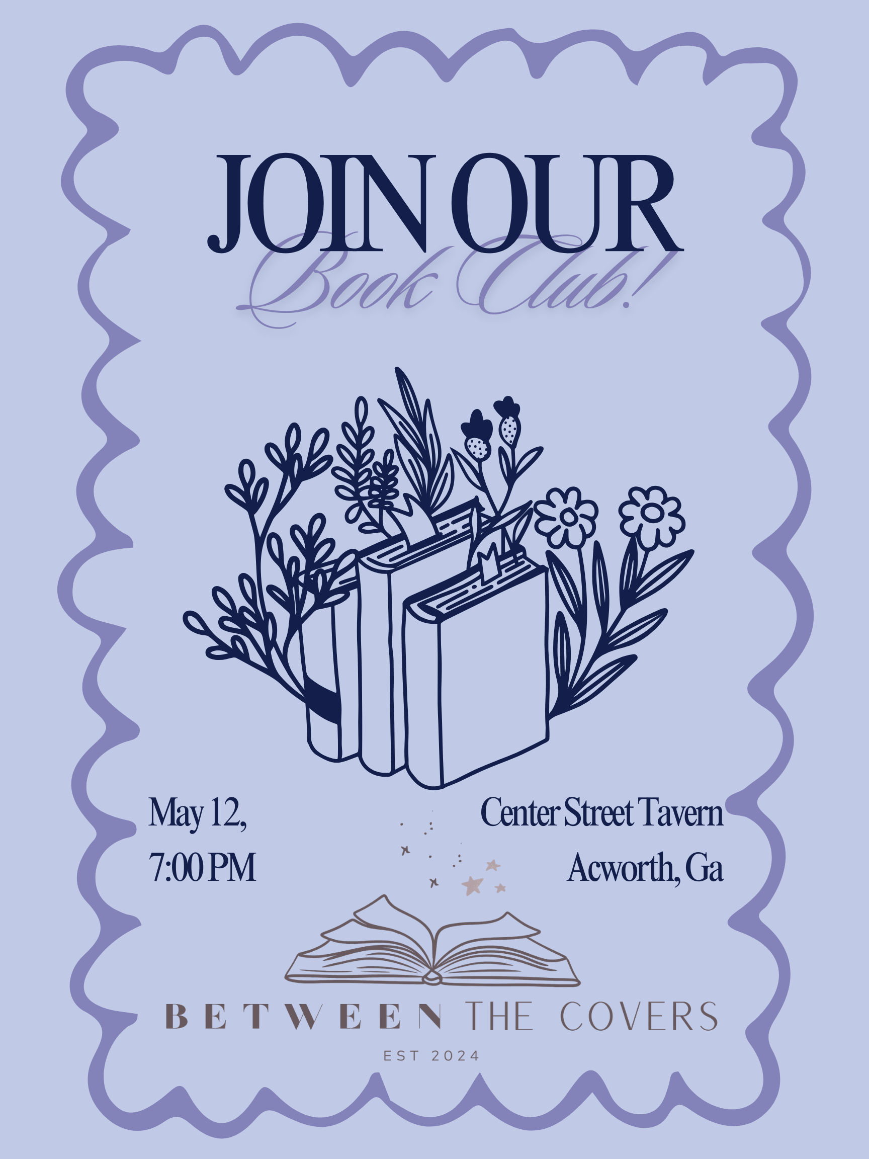 A flyer for a book club event featuring a drawing of a bouquet of books and flowers, with event details including date, time, and location.