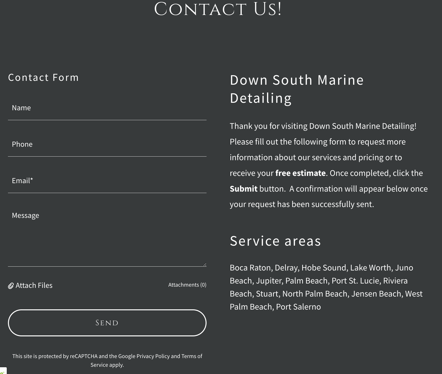 A contact webpage for Down South Marine Detailing with a dark background. It features a contact form with fields for name, phone, email, and message, and a submit button. The right side provides a welcome message, service area locations, and instructions for requesting a free estimate.