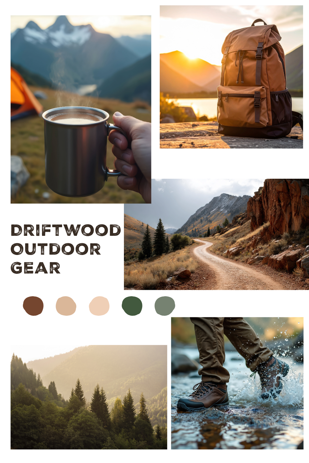 Collection of outdoor gear including a coffee mug with mountain scenery, a brown backpack, a dirt trail through mountains, a person wading through water, and a forested landscape, with a color palette of earthy tones.