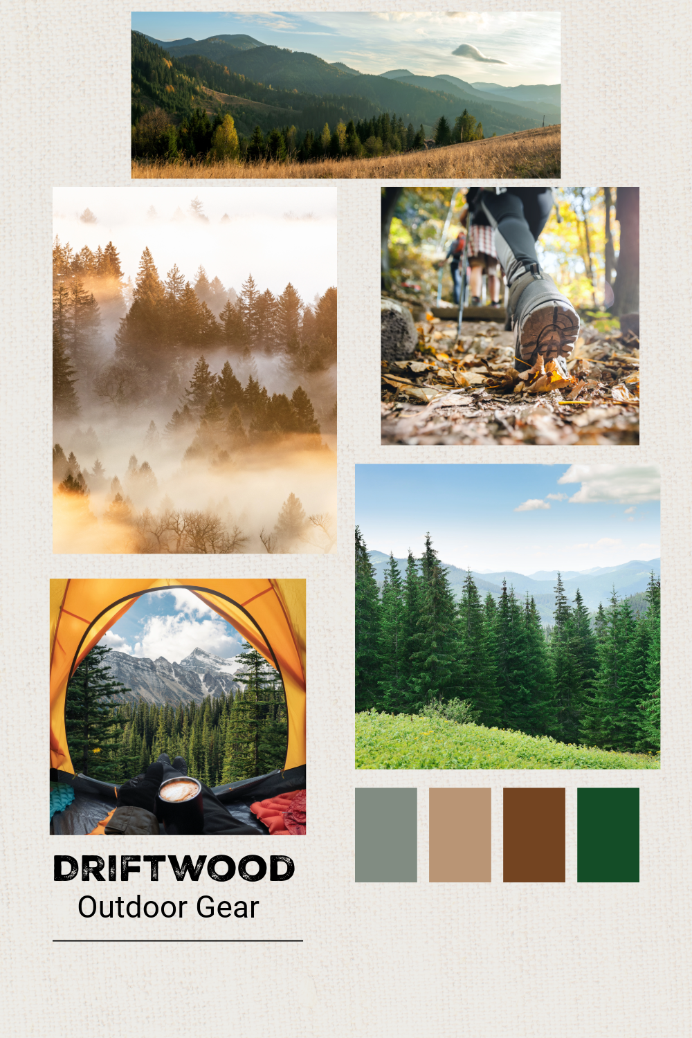 Collection of outdoor scenery photos including mountain ranges, dense forests, misty woods, a person hiking, and a view from inside a tent in the woods, with a color palette of green, gray, brown, and beige.