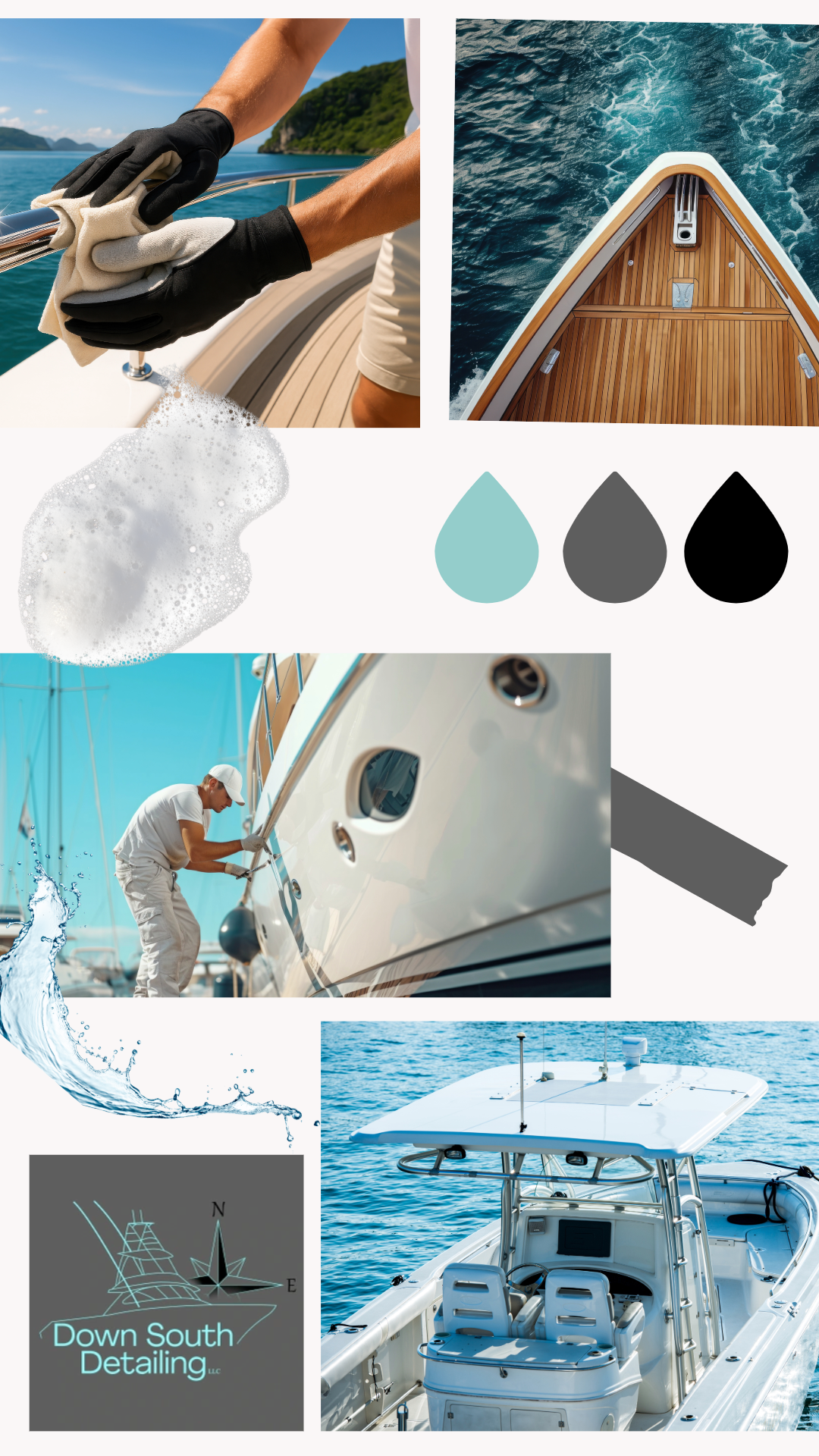 A collage featuring a person cleaning a yacht, an aerial view of a wooden boat's bow cutting through the water, a man working on the side of a yacht, a boat's dashboard with a radar, a logo for Down South Detailing LLC with a boat and steering wheel, and a white motorboat on the water.