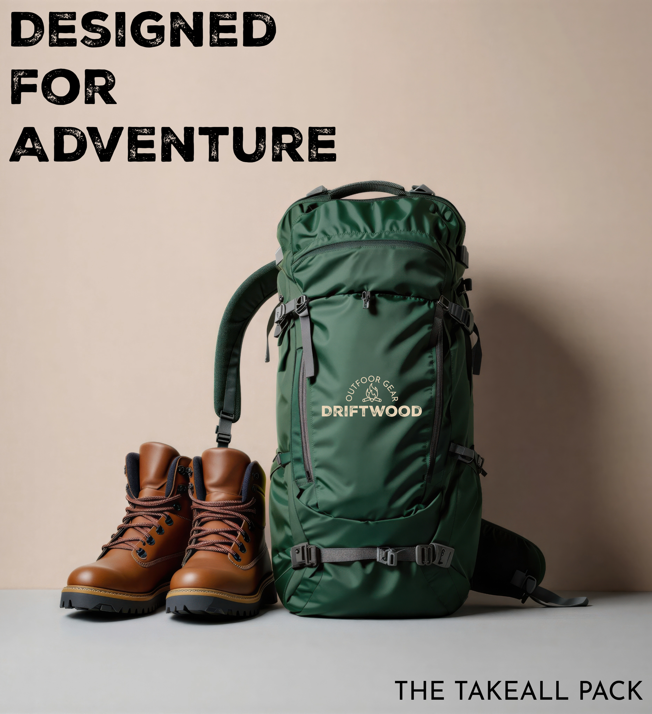A green outdoor gear backpack labeled 'Driftwood Outdoor Gear' next to a pair of brown hiking boots with black laces on a table against a beige background, with bold black text saying 'Designed for Adventure' in the top left corner and smaller black 