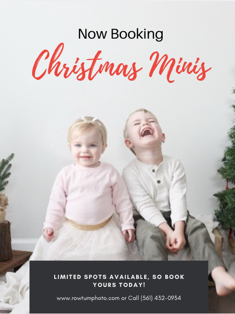 Two children sitting on the floor next to Christmas trees, smiling and laughing. Poster advertises Christmas Mini photo sessions, now booking with limited spots available.
