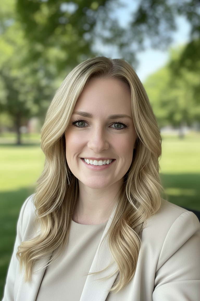 Portrait of a young woman with blonde hair and blue eyes, smiling outdoors in a park.