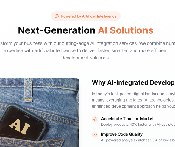 A promotional webpage for AI solutions featuring a smartphone with 'AI' displayed and a background of denim jeans. The page highlights benefits like faster time-to-market and improved code quality.