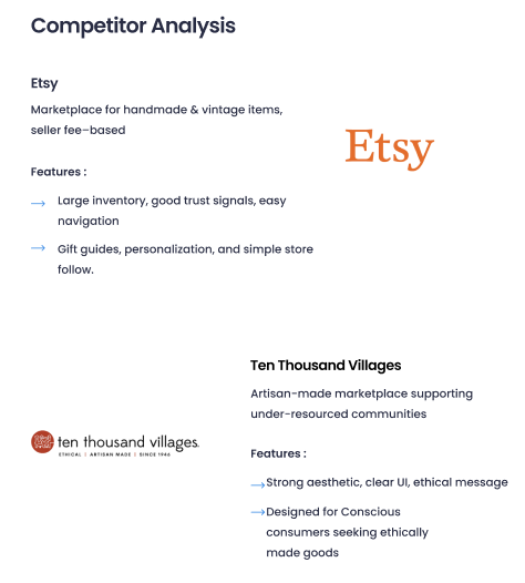 Comparison of Etsy and Ten Thousand Villages, highlighting features and target audiences for handmade and vintage items, emphasizing trust, personalization, aesthetics, and ethics.