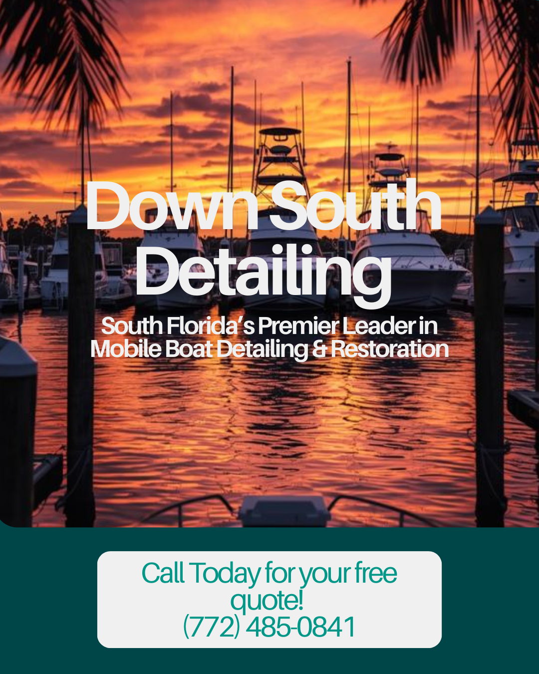 Marina with boats at sunset, palm trees in the foreground, and a colorful sky.