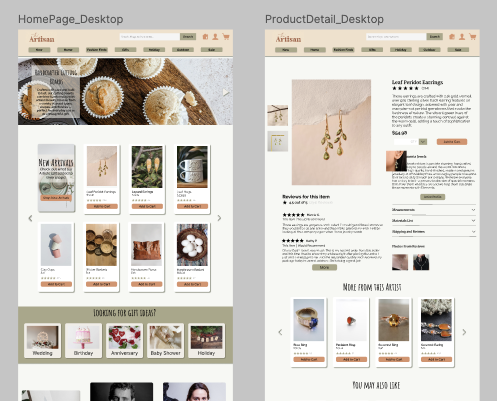 Screenshot of an e-commerce website featuring handmade jewelry and home decor. The homepage shows various products like cupcakes, lamps, and nature-themed items. The product detail page displays leaf earrings with reviews and related products.