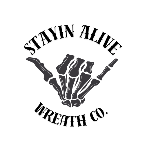 Logo for Stahln Alive Wreath Co. featuring a skeletal hand made of bones with the text "Stahln Alive" above and "Wreath Co." below.