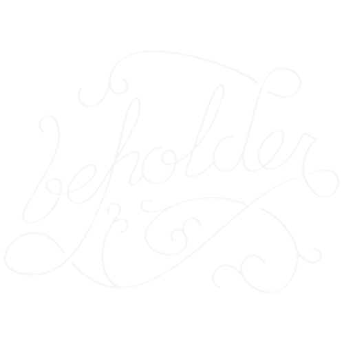 Decorative white cursive text reading 'beholder' on a black background.