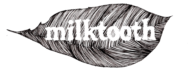 A black and white sketch of a leaf with the word 'milkoth' written inside it.