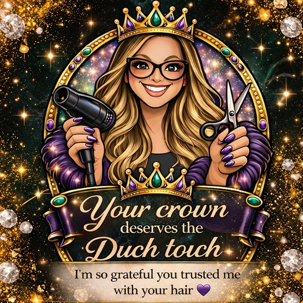 A woman with blonde hair, glasses, and a crown holding hair scissors in one hand and a hairdryer in the other, surrounded by a golden ornate frame with sparkling background, with text "Your crown deserves the DCR touch" and "I'm so grateful you trusted me with your hair".