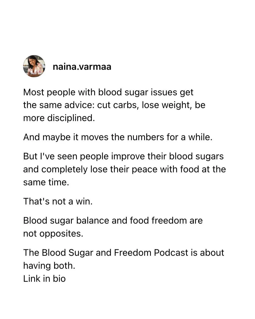 I've worked in hospitals, community health, and private practice for over 12 years.

And across every setting, the dominant message around blood sugar management has been the same: cut the carbs, lose the weight.

What I've noticed is that for a lot 