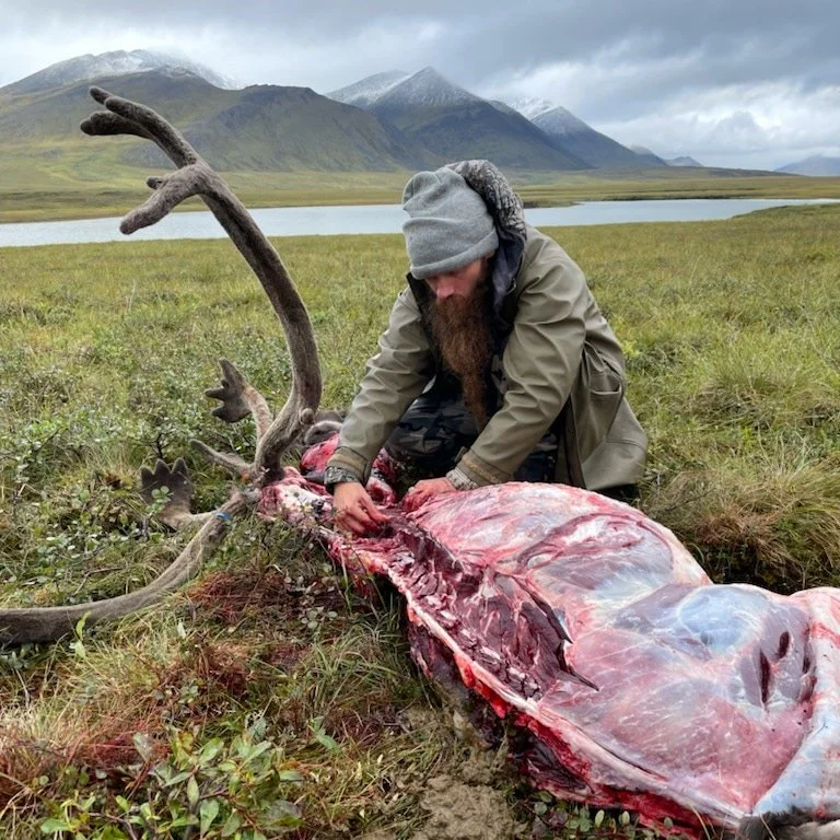 A person wearing a gray beanie and green jacket crouches next to a large, dead reindeer with antlers, on a grassy plain near a lake with mountains in the background.