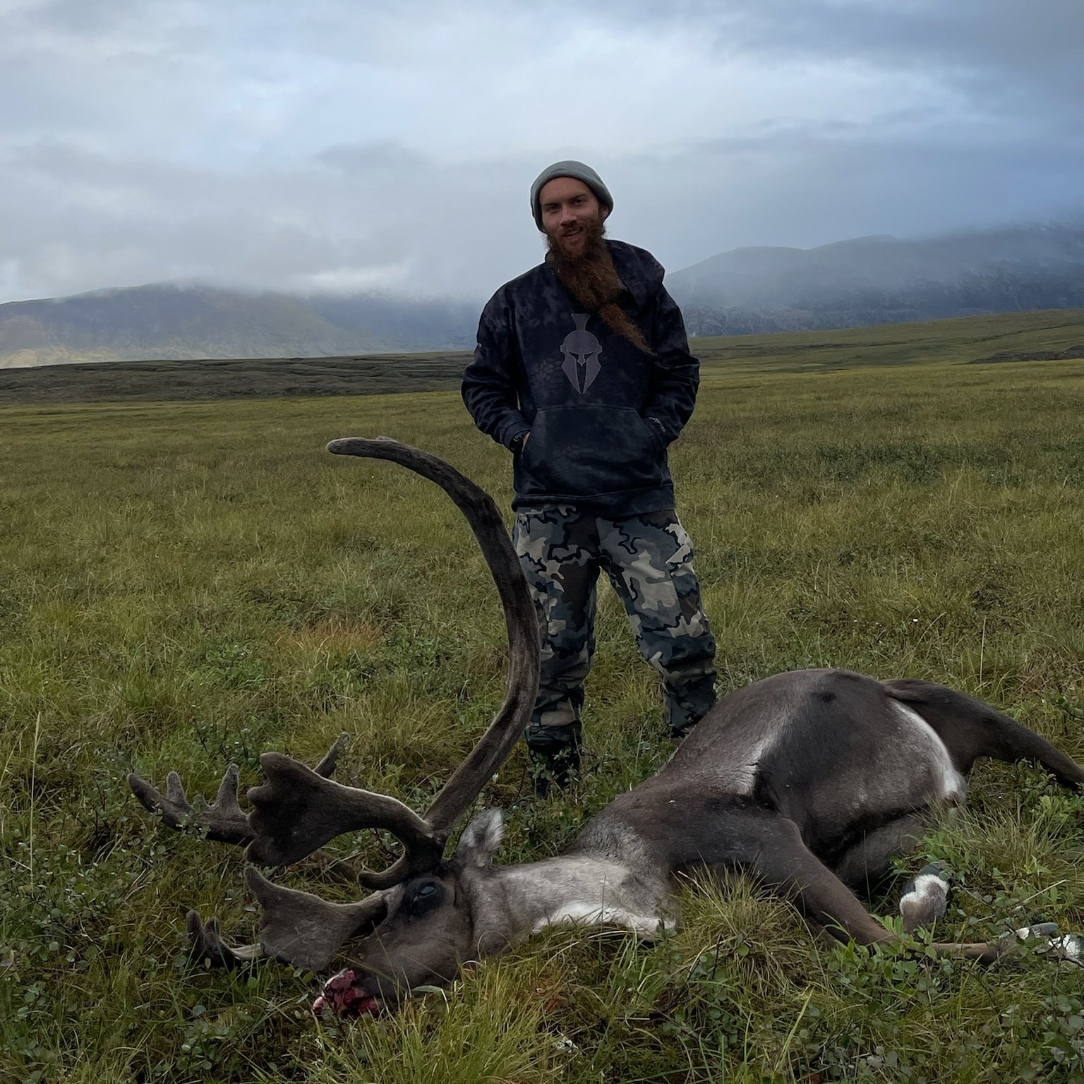 A man with a beard and gray beanie standing in a grassy field, next to a deceased reindeer with large antlers, mountains in the background, cloudy sky overhead.
