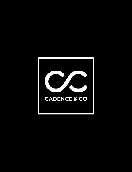 Black background with a white logo featuring a stylized infinity symbol above the words 'CADENCE & CO' inside a white rectangular border.