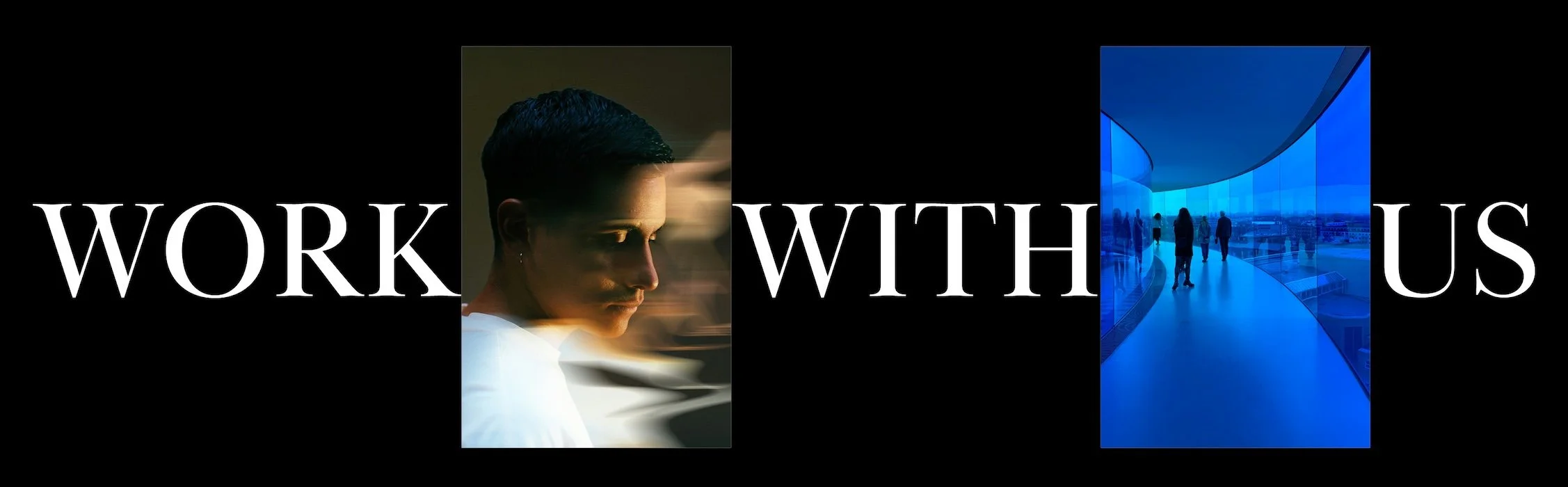A graphic with the words 'Work With Us' overlaid on images of a person working at a computer and a modern office building.