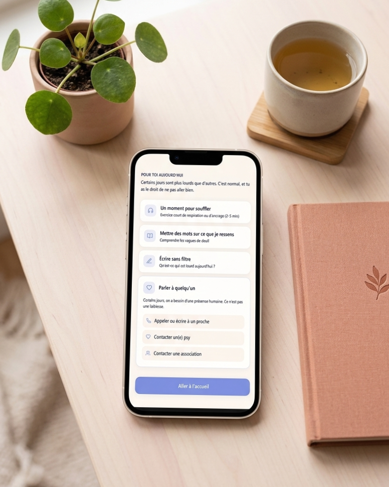 Un téléphone affichant une application de soutien émotionnel avec un fond de table, une plante en pot, une tasse de thé sur un sous-coupe en bois, et un carnet rose à couverture rigide.