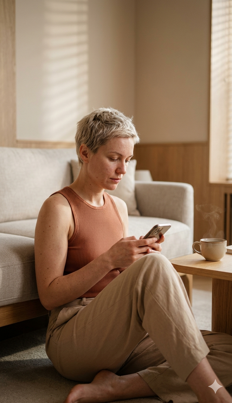 Jeune femme aux cheveux courts, assise par terre près d'un canapé, regarde son téléphone, avec un café à côté dans une pièce lumineuse