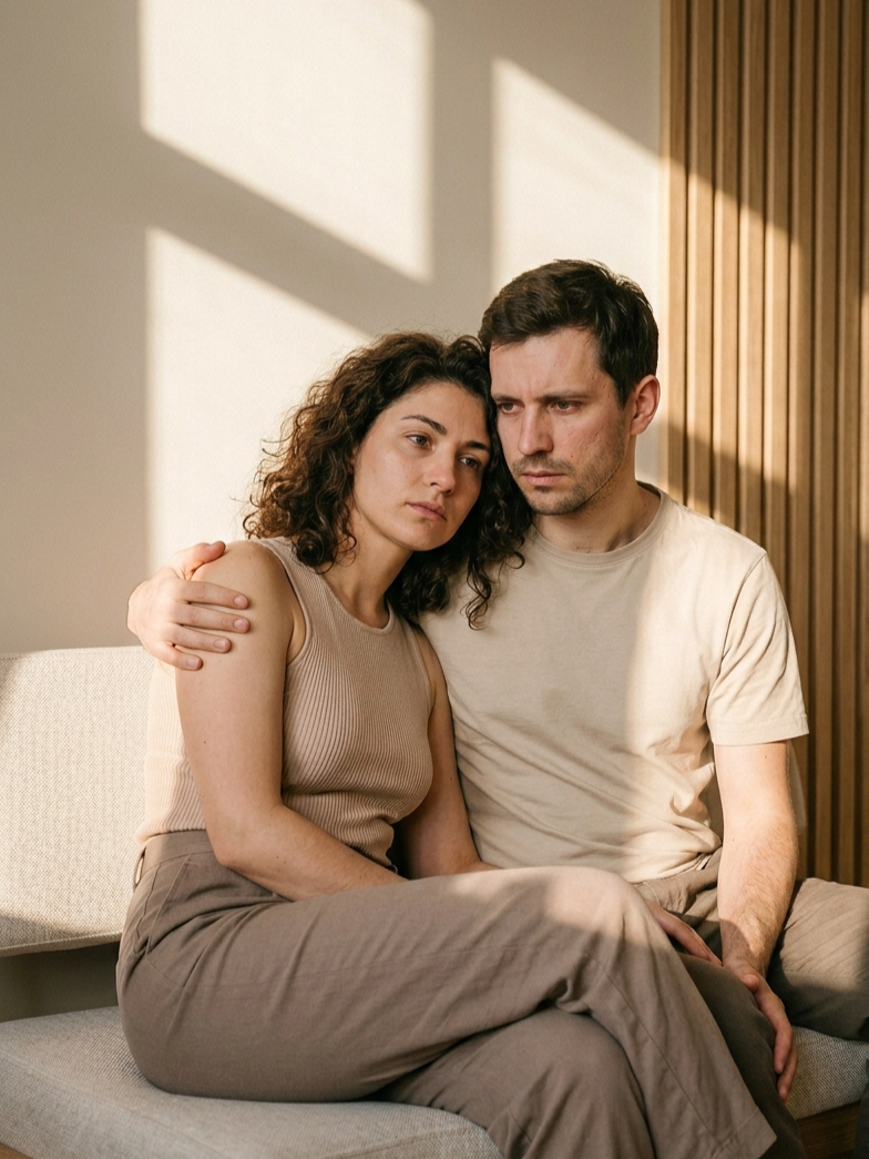 Un couple assis sur un canapé, l'homme a une expression sérieuse ou préoccupée et elle semble triste ou pensive, dans une pièce éclairée par la lumière naturelle.