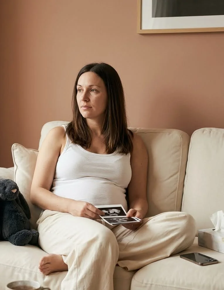 Femme contemplative, tenant des images d'échographies obstétricales dans ses mains