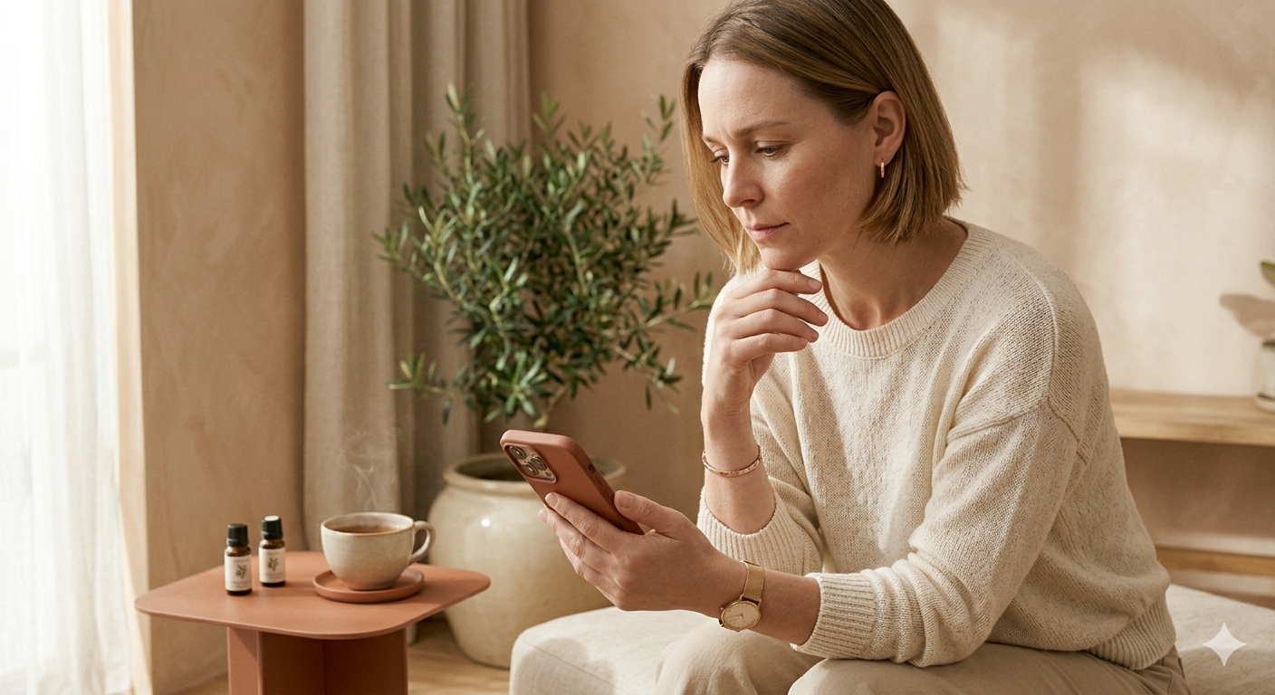 Femme assise sur un lit, regardant son téléphone, avec un petit table de nuit avec des huiles essentielles et une tasse de thé ou de café à côté.