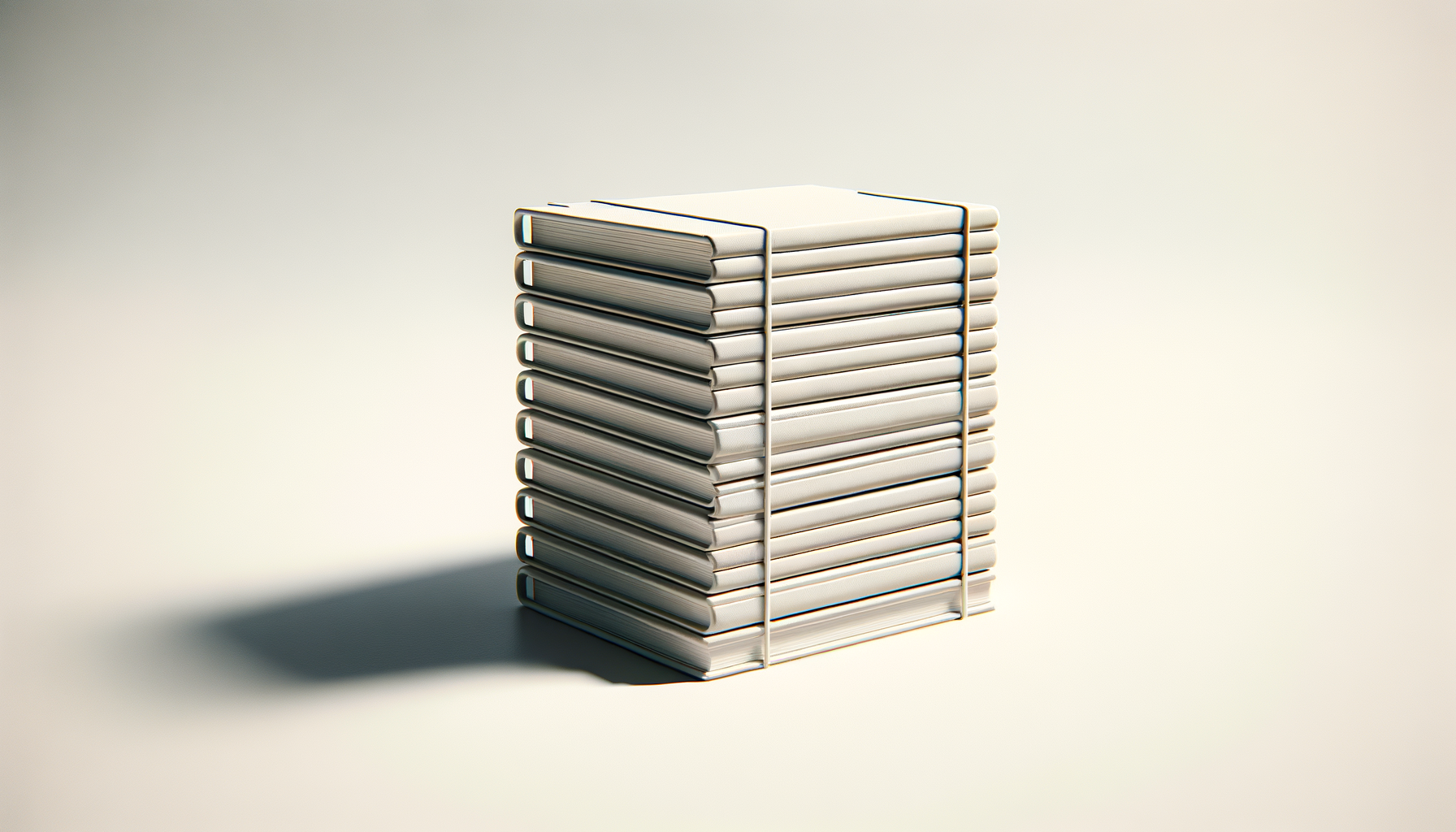 Stack of white binders or notebooks bound with rubber bands, casting a shadow on a plain background.