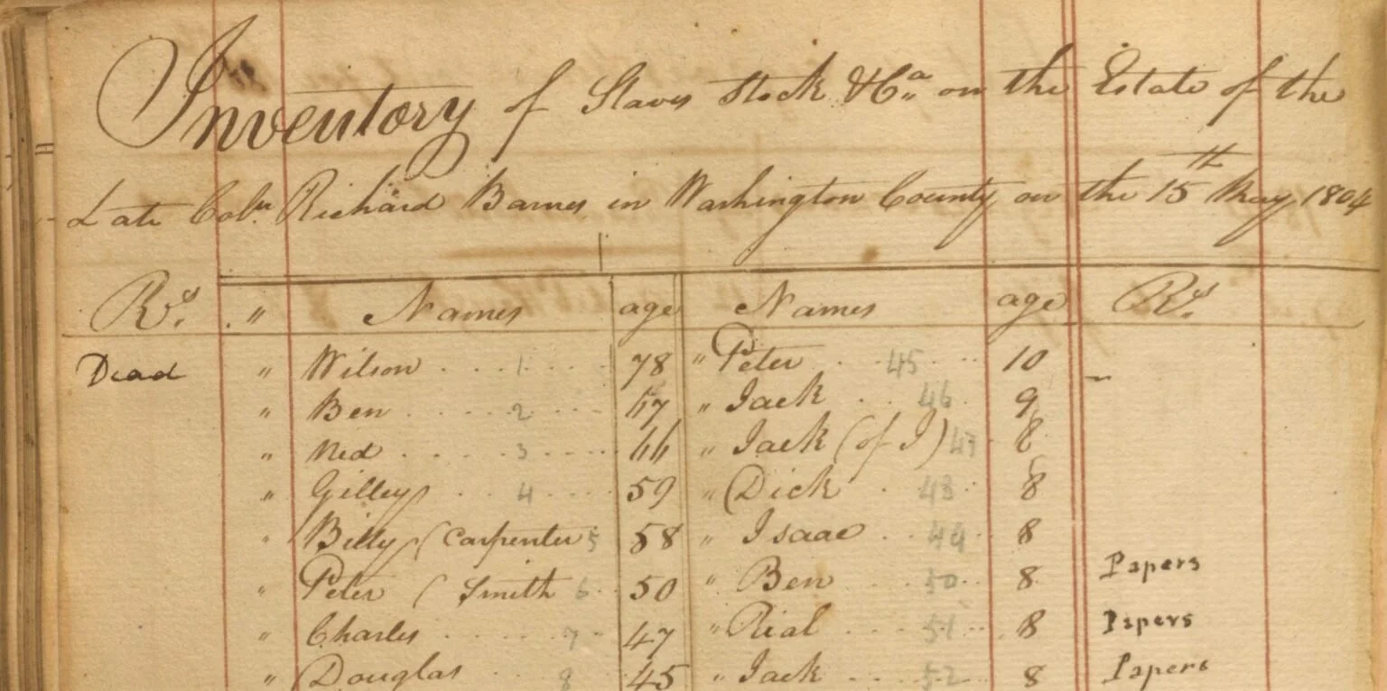 A handwritten historical document, possibly a census record or ledger, with columns of names, ages, and notes handwritten in cursive script on aged paper with red vertical lines dividing the columns.