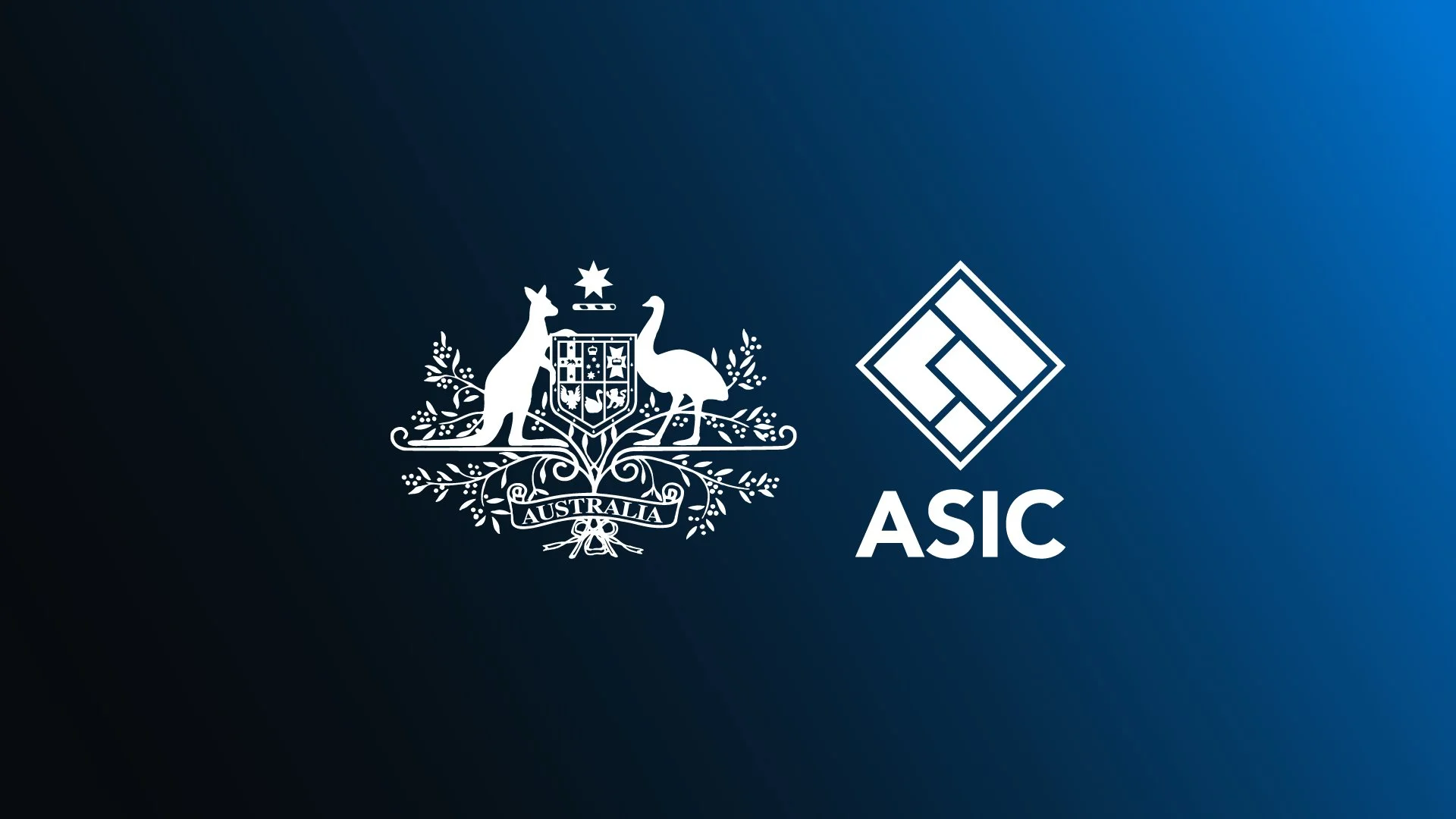 Australian government emblem with kangaroo and emu, and the ASIC logo on a blue background.