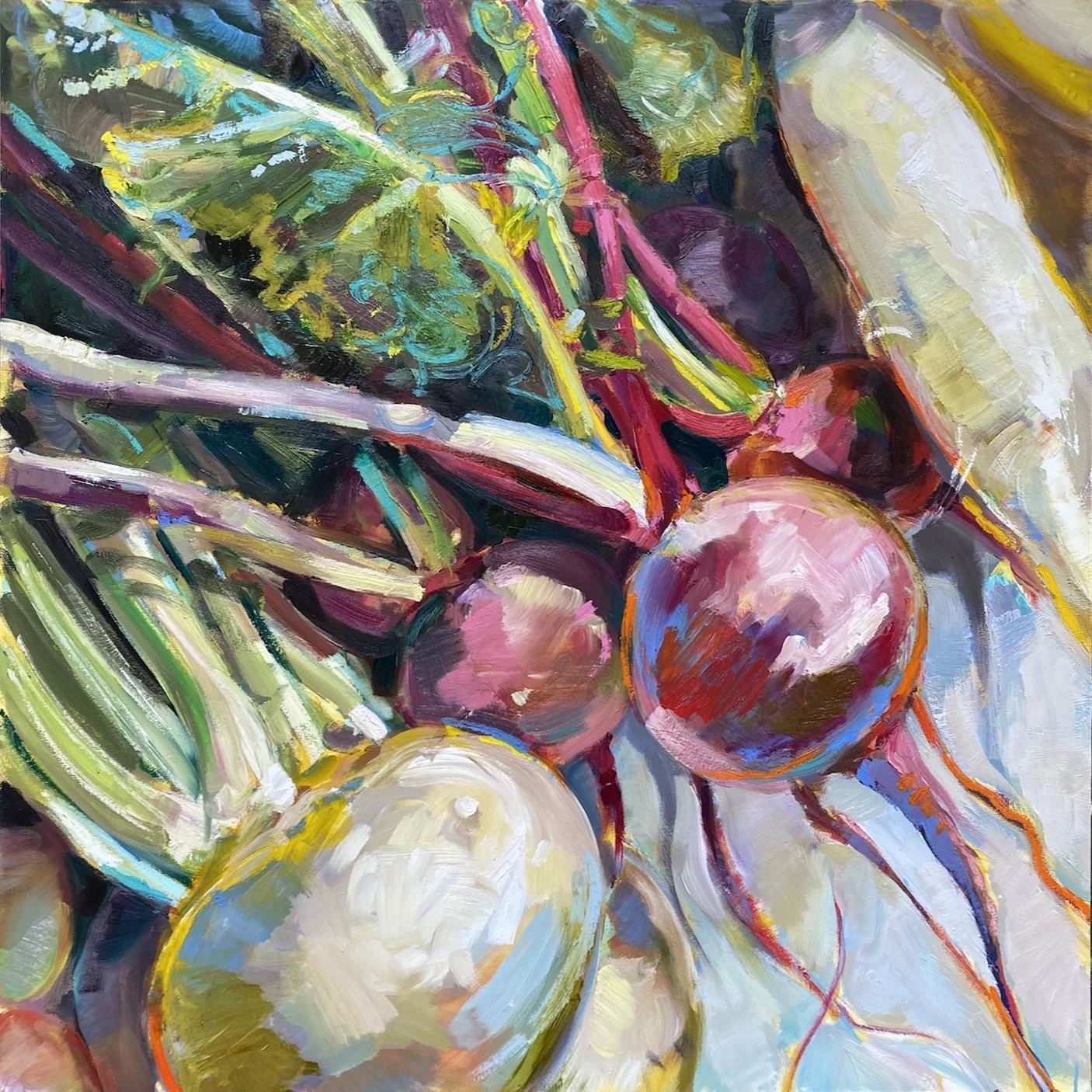 original oil painting by Gabrielle B. McLean of radishes from the farmer's market